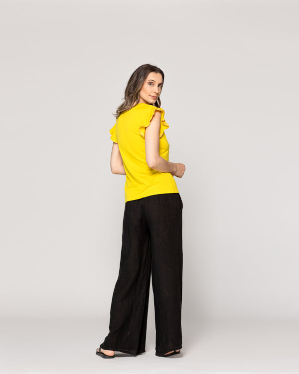 Polera Mujer Básica Ondina Manga Corta Con Volantes Amarilla Lineatre