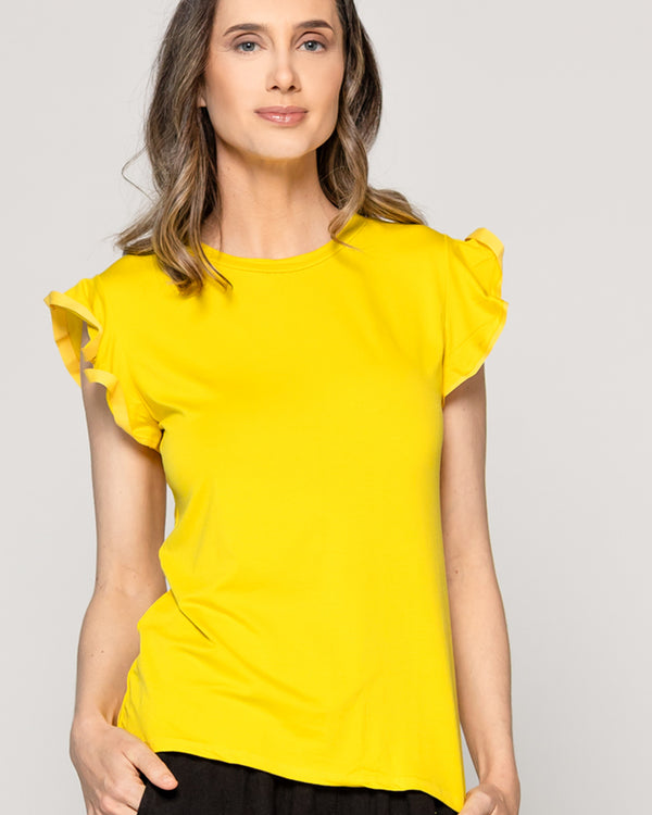 Polera Mujer Básica Ondina Manga Corta Con Volantes Amarilla Lineatre