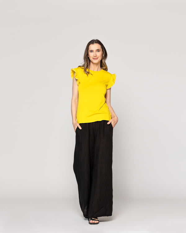 Polera Mujer Básica Ondina Manga Corta Con Volantes Amarilla Lineatre