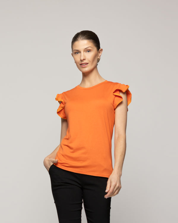 Polera Mujer Básica Ondina Manga Corta Con Volantes Naranja Lineatre