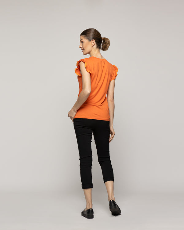 Polera Mujer Básica Ondina Manga Corta Con Volantes Naranja Lineatre