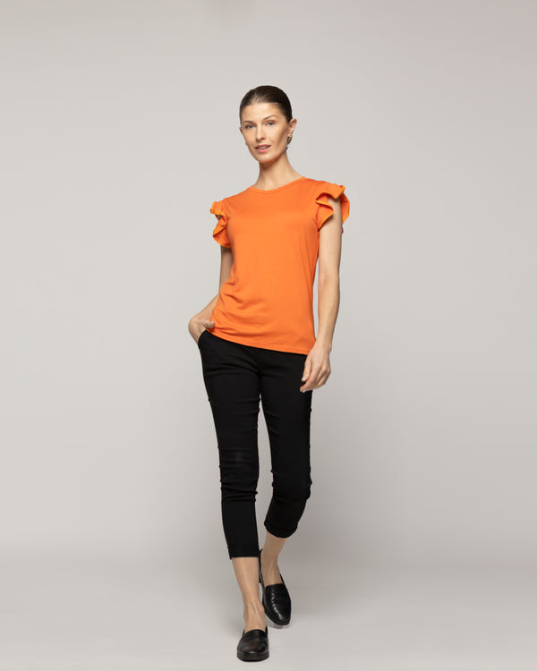 Polera Mujer Básica Ondina Manga Corta Con Volantes Naranja Lineatre