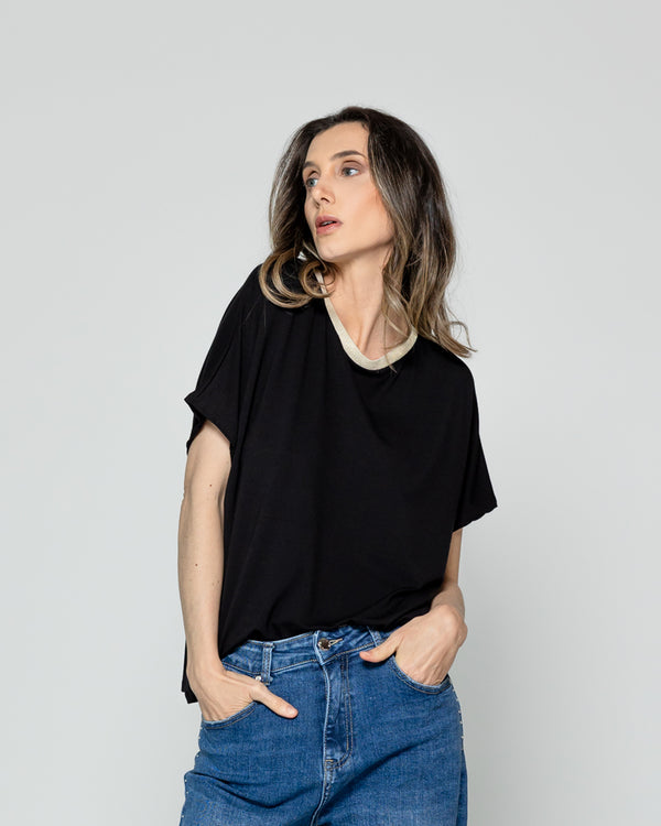 Polera Mujer Ottavia Cuello Redondo Brillante Negra Lineatre