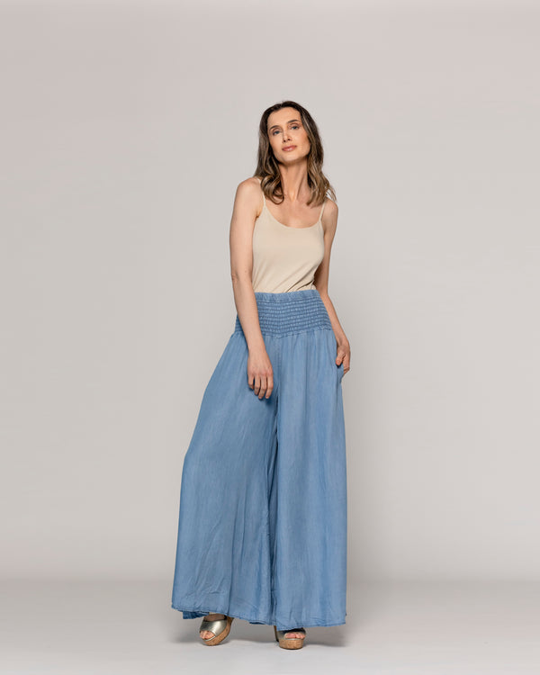 Pantalón Mujer Pilar Palazzo Demin Con Pretina Fruncida Lineatre