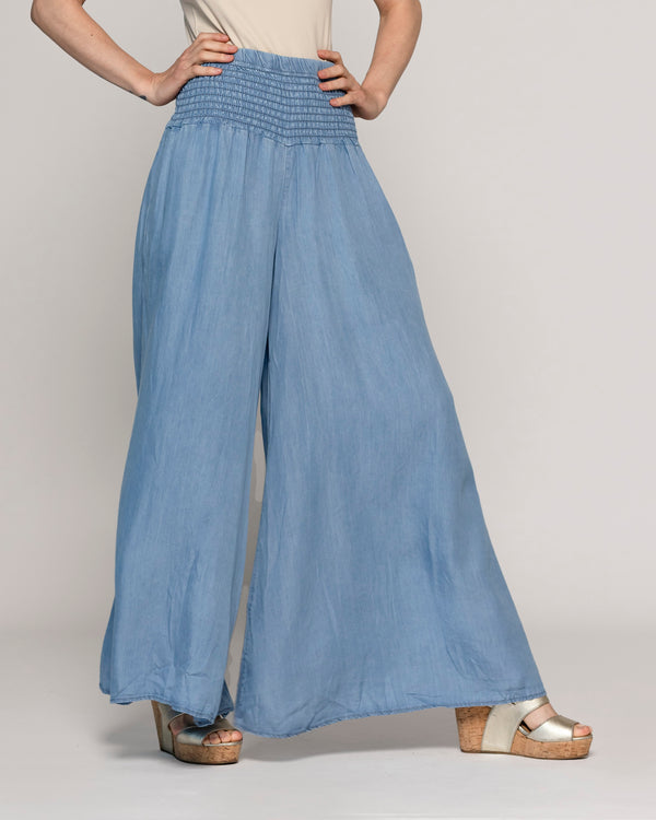 Pantalón Mujer Pilar Palazzo Demin Con Pretina Fruncida Lineatre