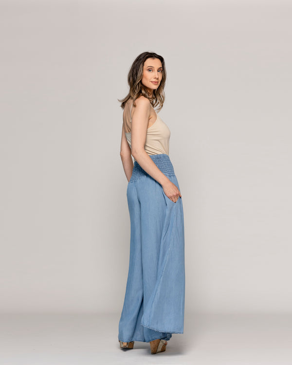 Pantalón Mujer Pilar Palazzo Demin Con Pretina Fruncida Lineatre