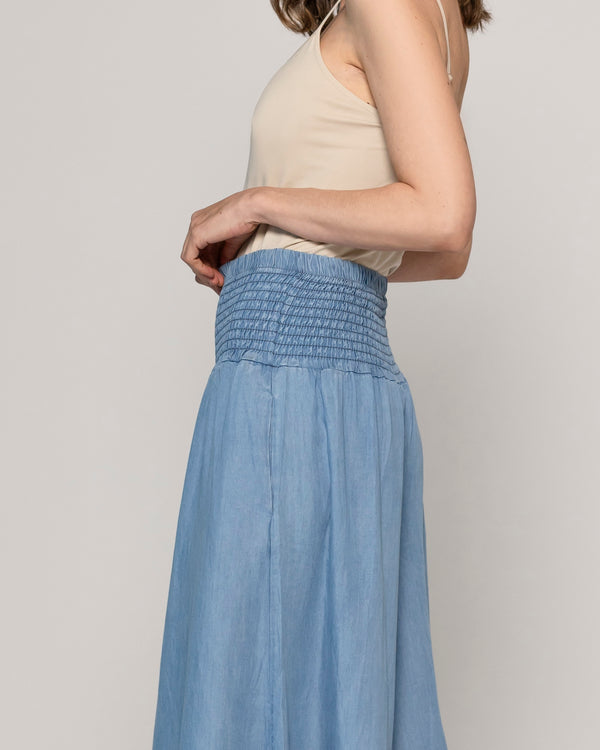 Pantalón Mujer Pilar Palazzo Demin Con Pretina Fruncida Lineatre