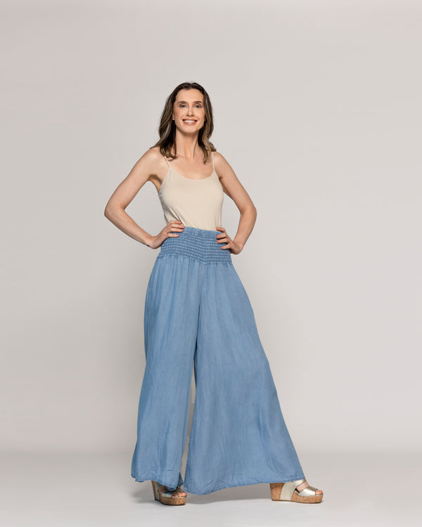 Pantalón Mujer Pilar Palazzo Demin Con Pretina Fruncida Lineatre