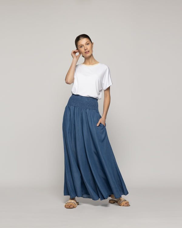 Pantalón Mujer Pilar Palazzo Azul Con Pretina Fruncida Lineatre