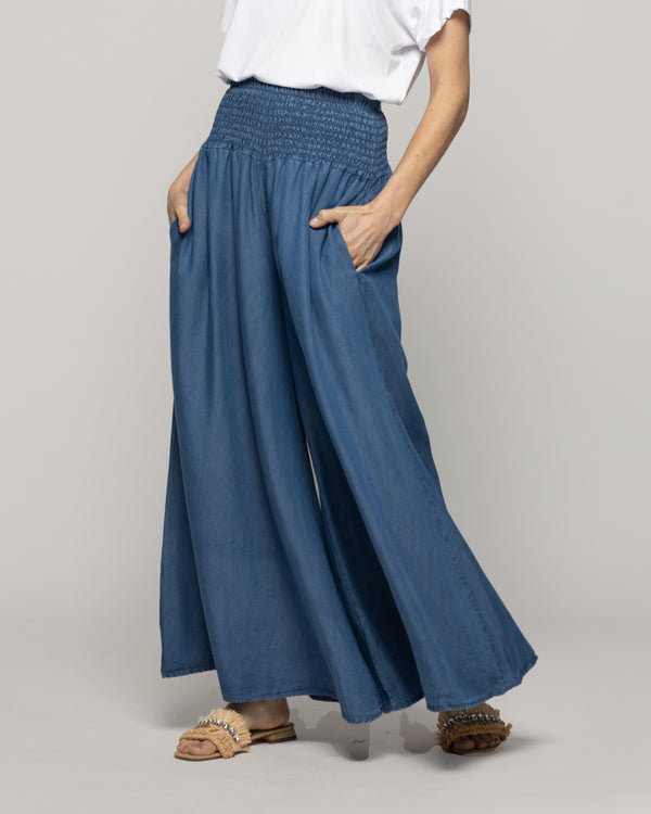 Pantalón Mujer Pilar Palazzo Azul Con Pretina Fruncida Lineatre