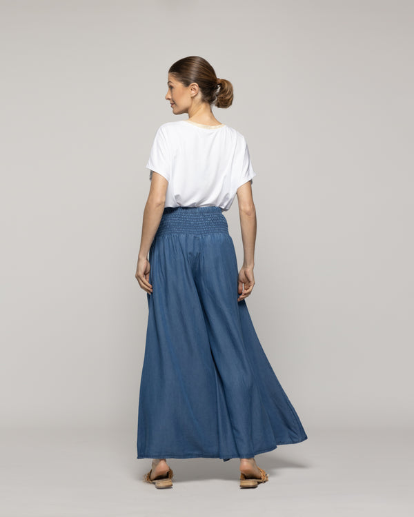 Pantalón Mujer Pilar Palazzo Azul Con Pretina Fruncida Lineatre
