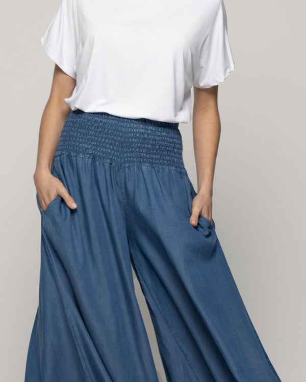 Pantalón Mujer Pilar Palazzo Azul Con Pretina Fruncida Lineatre