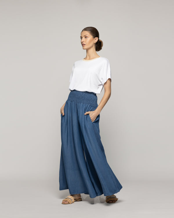 Pantalón Mujer Pilar Palazzo Azul Con Pretina Fruncida Lineatre