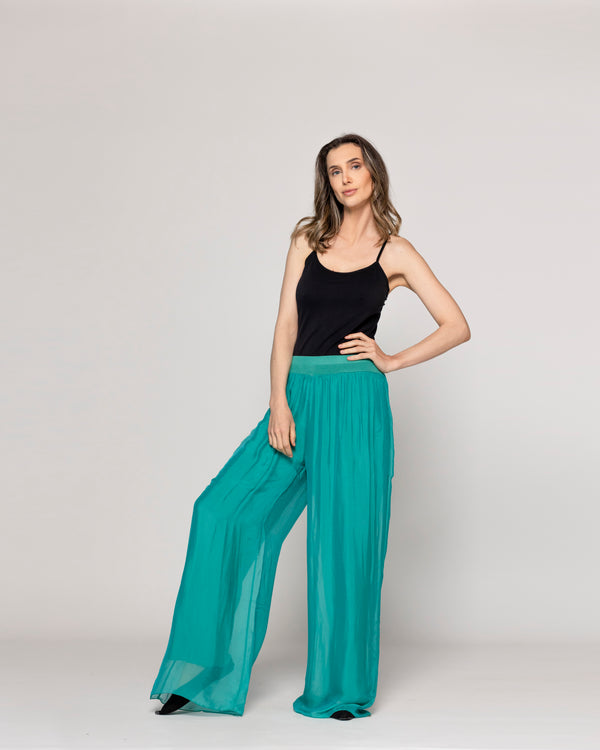 Pantalón Mujer Perla Palazzo Tipo Satín Verde Esmeralda Lineatre