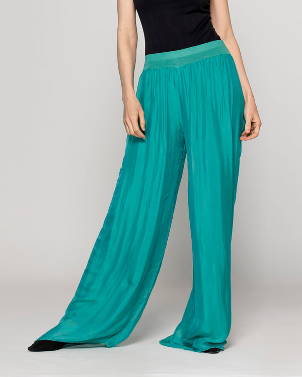 Pantalón Mujer Perla Palazzo Tipo Satín Verde Esmeralda Lineatre