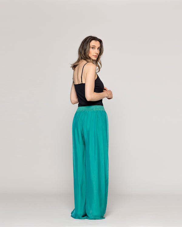 Pantalón Mujer Perla Palazzo Tipo Satín Verde Esmeralda Lineatre