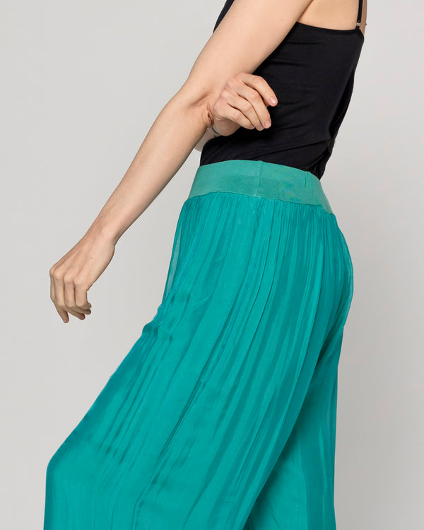 Pantalón Mujer Perla Palazzo Tipo Satín Verde Esmeralda Lineatre