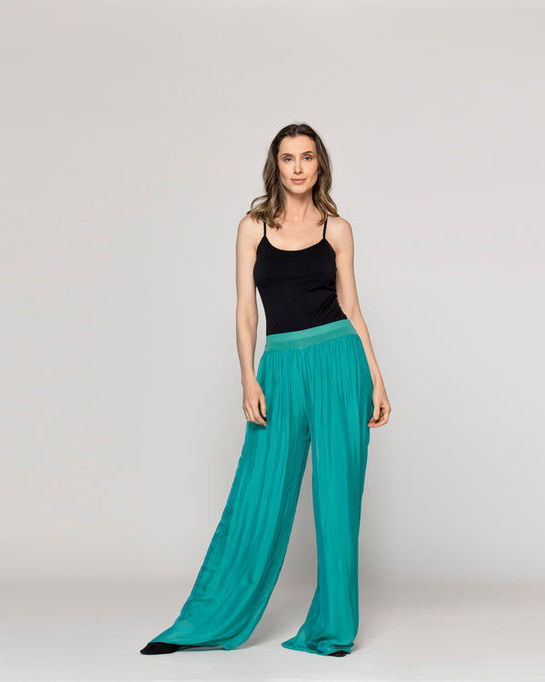 Pantalón Mujer Perla Palazzo Tipo Satín Verde Esmeralda Lineatre
