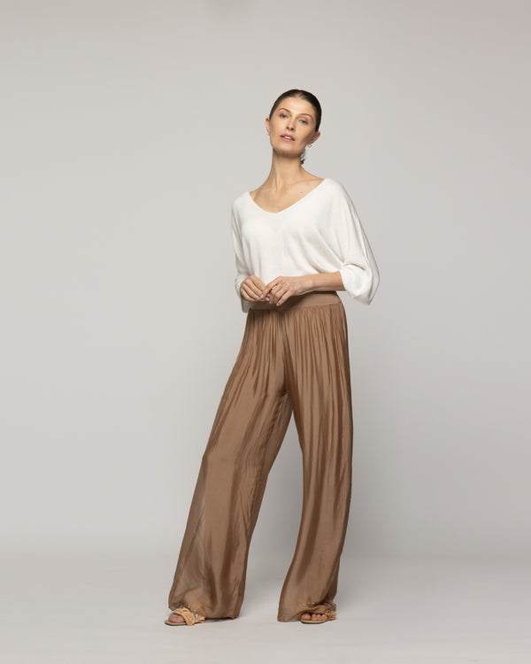 Pantalón Mujer Perla Palazzo Tipo Satín Café Moka Lineatre