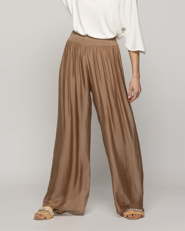 Pantalón Mujer Perla Palazzo Tipo Satín Café Moka Lineatre