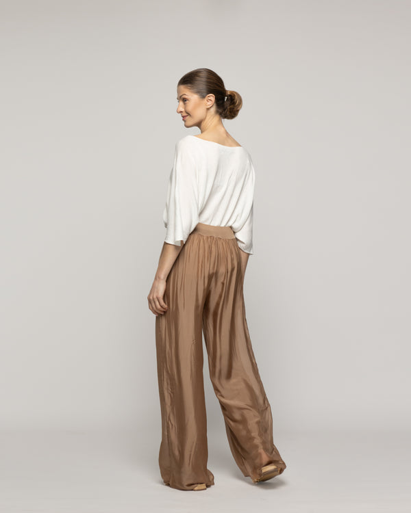 Pantalón Mujer Perla Palazzo Tipo Satín Café Moka Lineatre