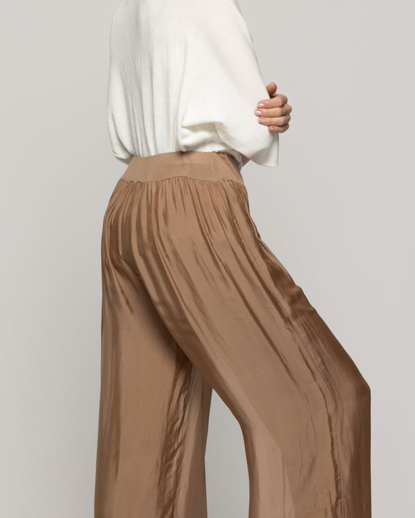 Pantalón Mujer Perla Palazzo Tipo Satín Café Moka Lineatre