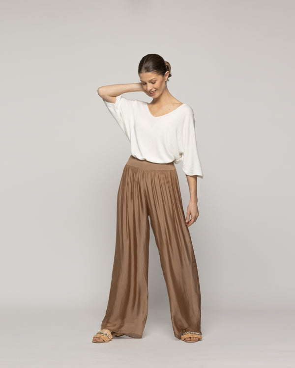 Pantalón Mujer Perla Palazzo Tipo Satín Café Moka Lineatre