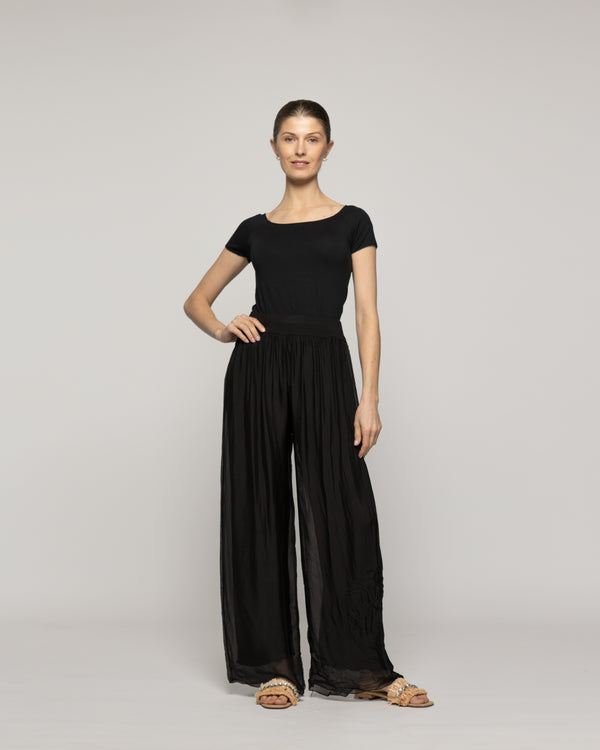 Pantalón Mujer Perla Palazzo Tipo Satín Negro Lineatre