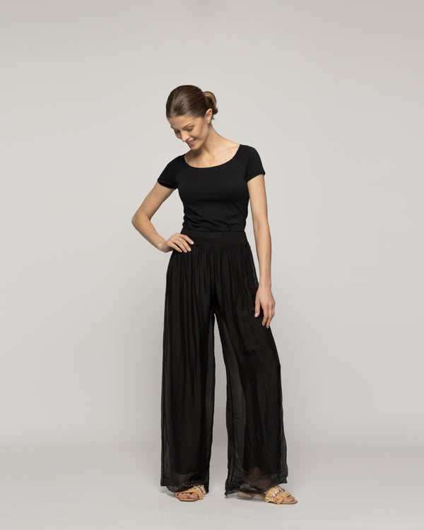 Pantalón Mujer Perla Palazzo Tipo Satín Negro Lineatre