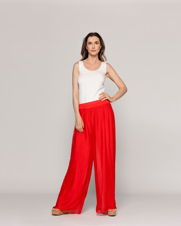 Pantalón Mujer Perla Palazzo Tipo Satín Rojo Lineatre
