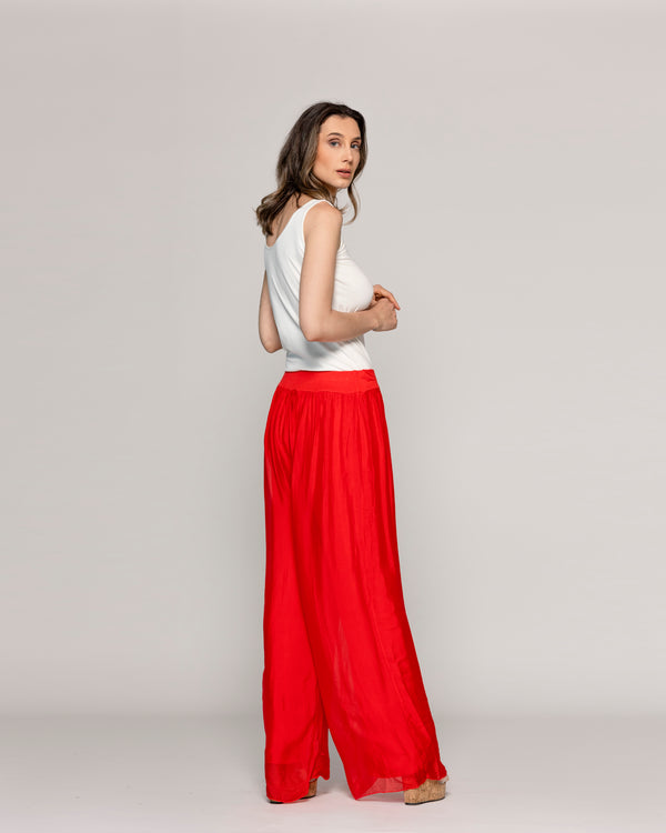 Pantalón Mujer Perla Palazzo Tipo Satín Rojo Lineatre