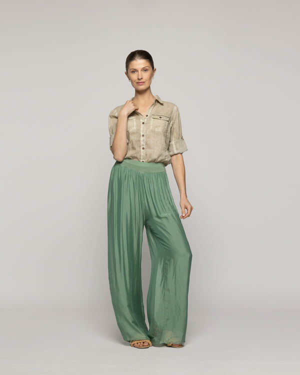 Pantalón Mujer Perla Palazzo Tipo Satín Verde Grisáceo Lineatre