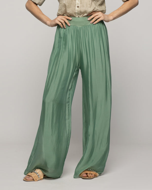 Pantalón Mujer Perla Palazzo Tipo Satín Verde Grisáceo Lineatre
