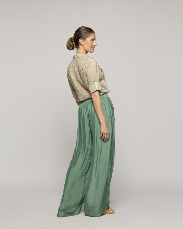 Pantalón Mujer Perla Palazzo Tipo Satín Verde Grisáceo Lineatre