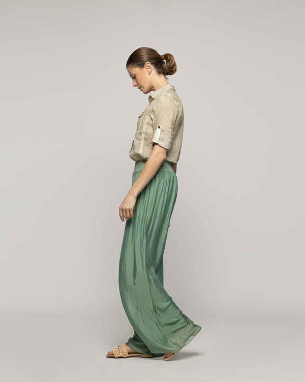 Pantalón Mujer Perla Palazzo Tipo Satín Verde Grisáceo Lineatre