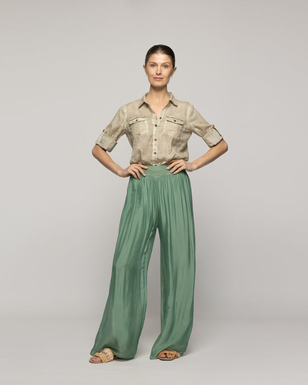 Pantalón Mujer Perla Palazzo Tipo Satín Verde Grisáceo Lineatre