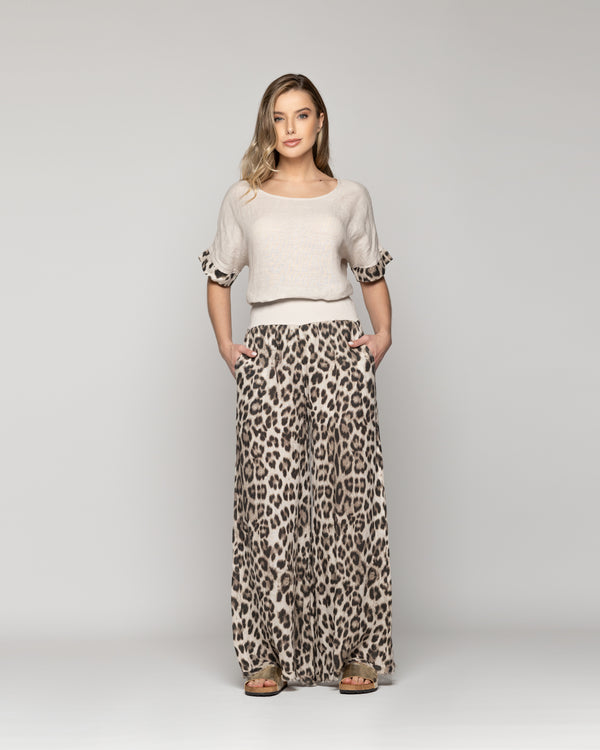 Pantalón Mujer Bettina De Lino Con Diseño Leopardo Café Lineatre