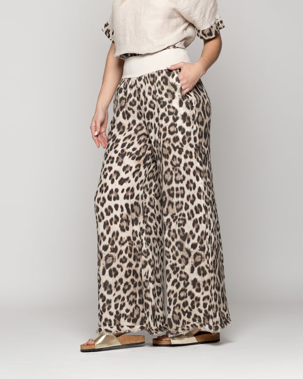 Pantalón Mujer Bettina De Lino Con Diseño Leopardo Café Lineatre