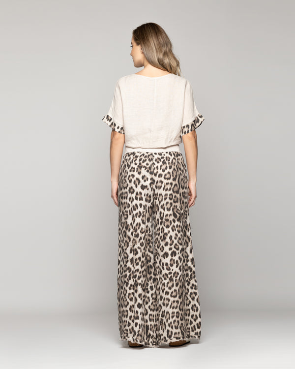 Pantalón Mujer Bettina De Lino Con Diseño Leopardo Café Lineatre
