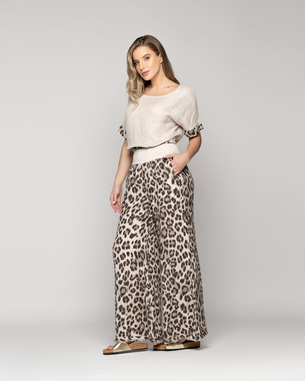 Pantalón Mujer Bettina De Lino Con Diseño Leopardo Café Lineatre