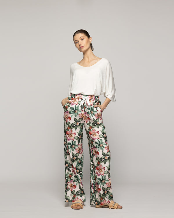 Pantalón Mujer Pali Estampado Flores Verde Lineatre