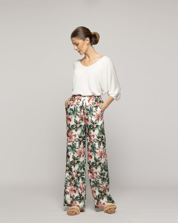 Pantalón Mujer Pali Estampado Flores Verde Lineatre
