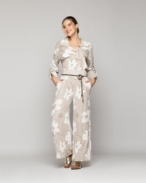 Pantalón Mujer Carmen De Lino Con Estampado Floral Beige Lineatre