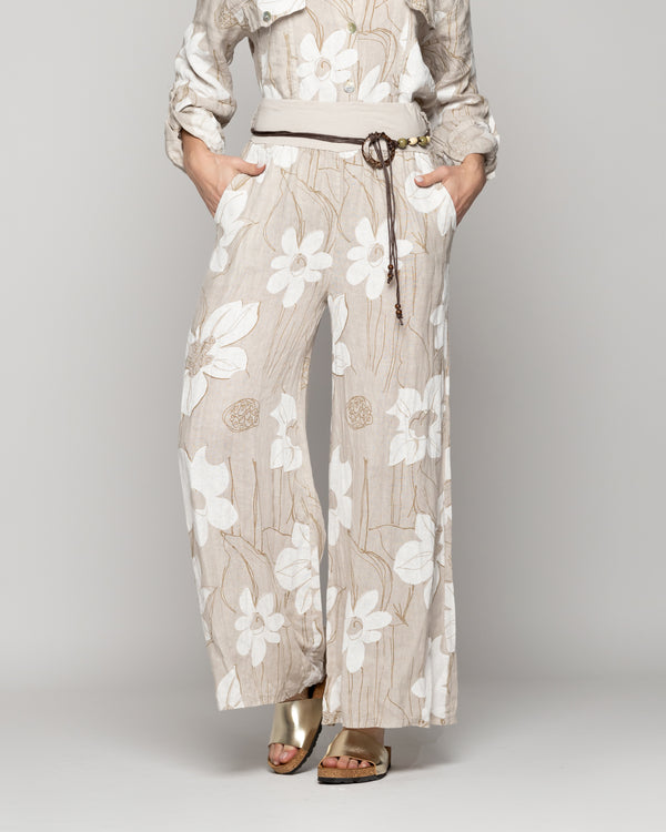 Pantalón Mujer Carmen De Lino Con Estampado Floral Beige Lineatre