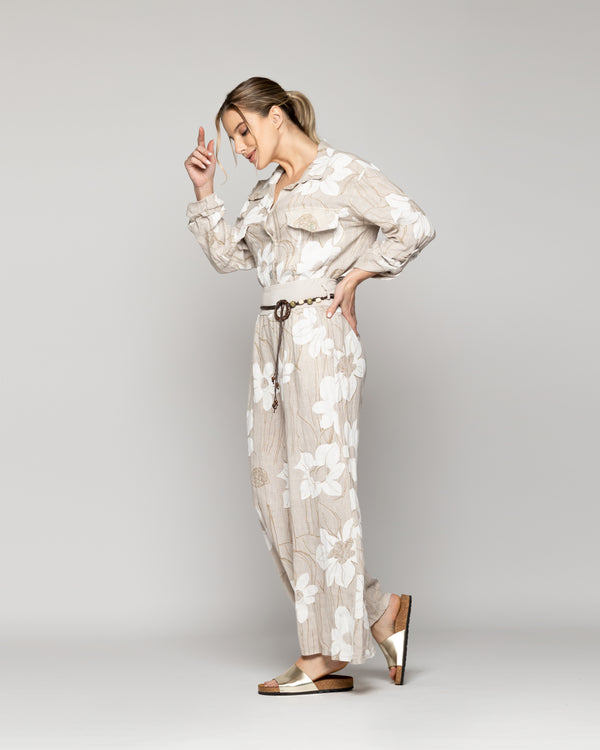Pantalón Mujer Carmen De Lino Con Estampado Floral Beige Lineatre
