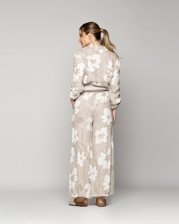 Pantalón Mujer Carmen De Lino Con Estampado Floral Beige Lineatre