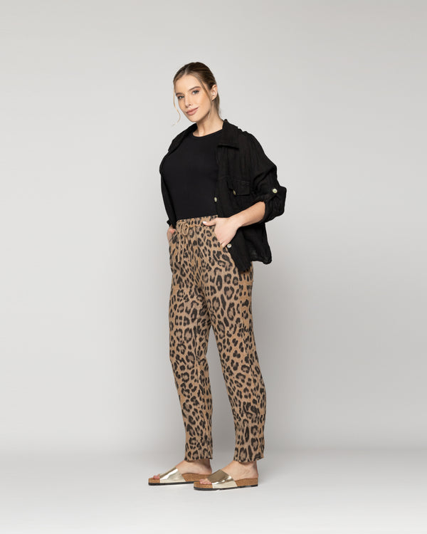 Pantalón Mujer Paz De Lino Elasticado Leopardo Lineatre
