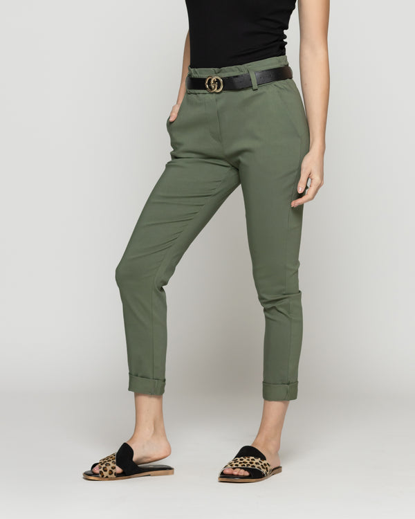Pantalón Mujer Petra Pitillo Con Cinturón Verde Militar Lineatre