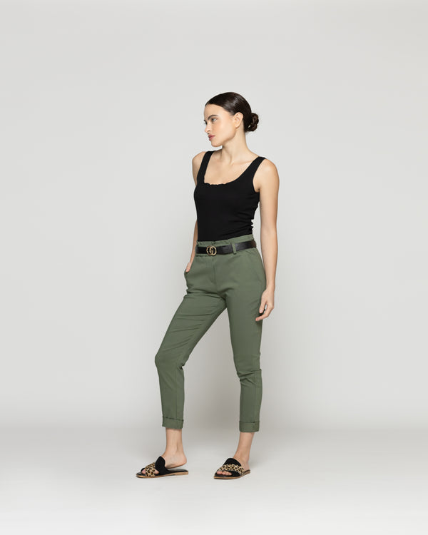 Pantalón Mujer Petra Pitillo Con Cinturón Verde Militar Lineatre
