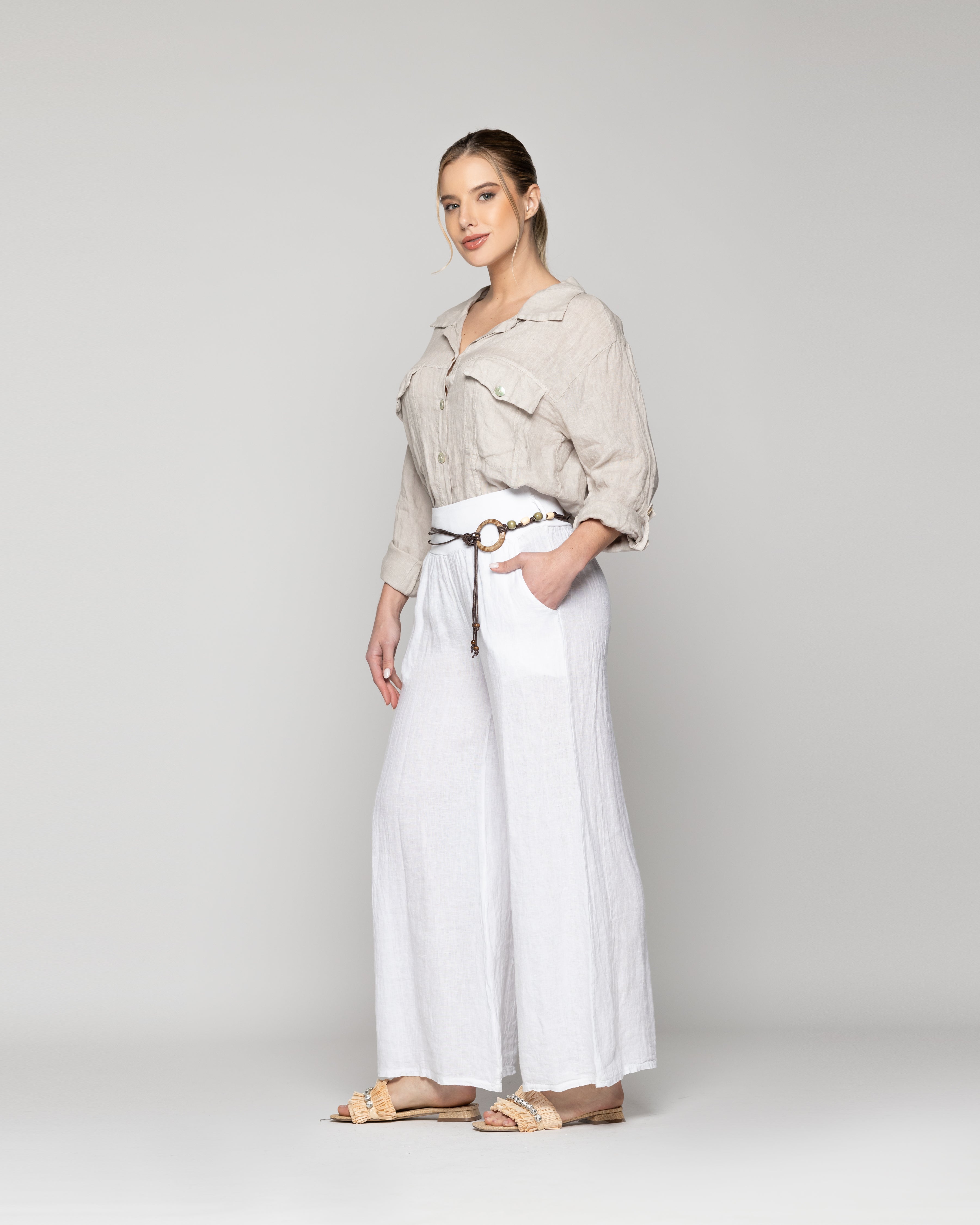 Pantalón Mujer Paola Palazzo De Lino Blanco Lineatre – Lineatrē